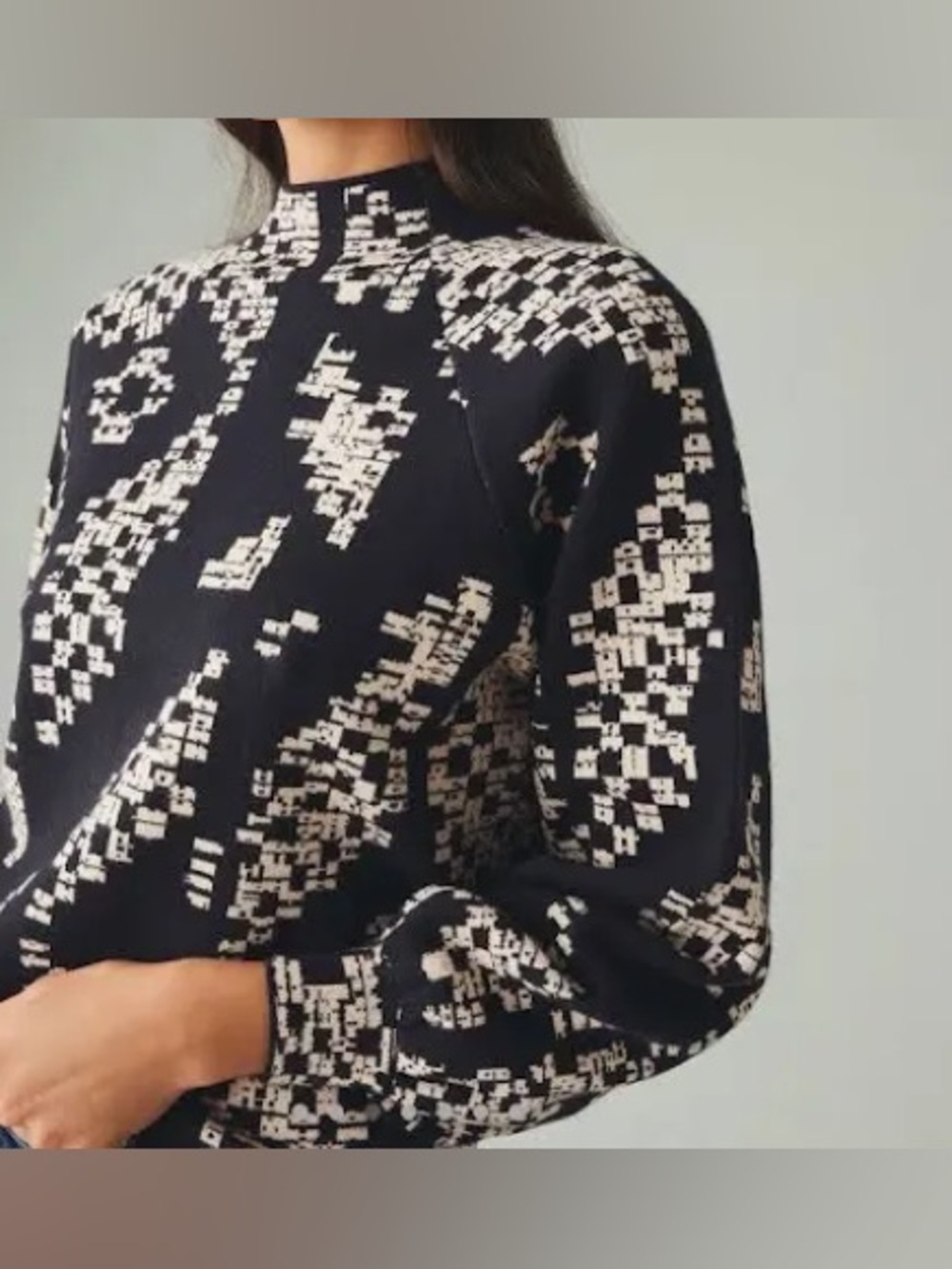 Maeve Beatriz Mock Neck Sweater Black Cream Floral XXS